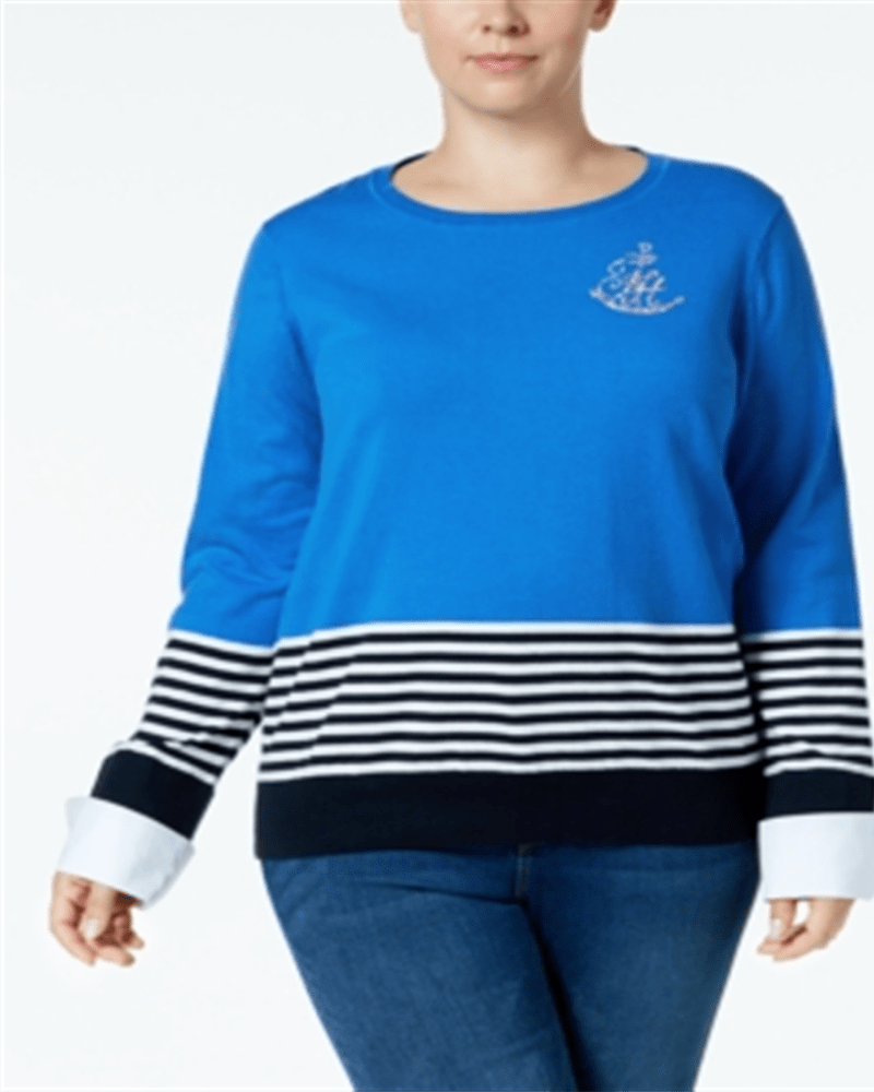 Front of a model wearing a size 1X Tommy Hilfiger Women's Plus Cotton Striped Embellished Sweater Blue Size 1X in Blue by Tommy Hilfiger. | dia_product_style_image_id:314446